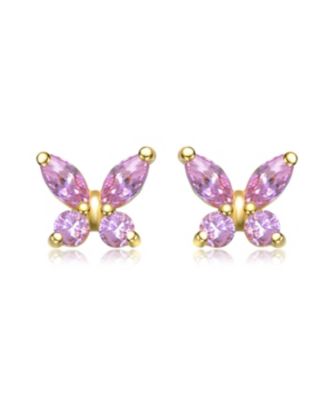 Sterling Silver 14k Gold Plated Colored Cubic Zirconia Flower Butterfly Stud Earrings