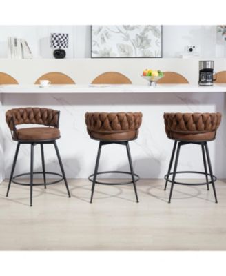 Swivel Bar Stools Set of 3, 24 Inches Modern Counter Height Bar Stools with Woven Back, Upholstered Suede Tall Barstools