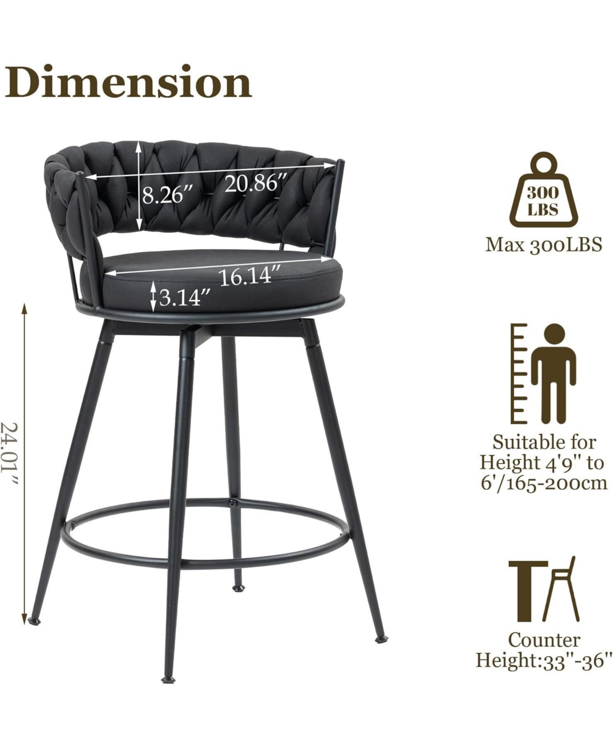 Dyhome 26 Inch Counter Height Bar Stools Set of 2, Swivel Pu Leather with Wood Backs, for Kitchen Island, Dining Room