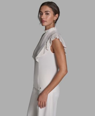 Women's Pleated Mock Neck Flutter Sleeve Top