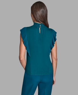 Women's Pleated Mock Neck Flutter Sleeve Top