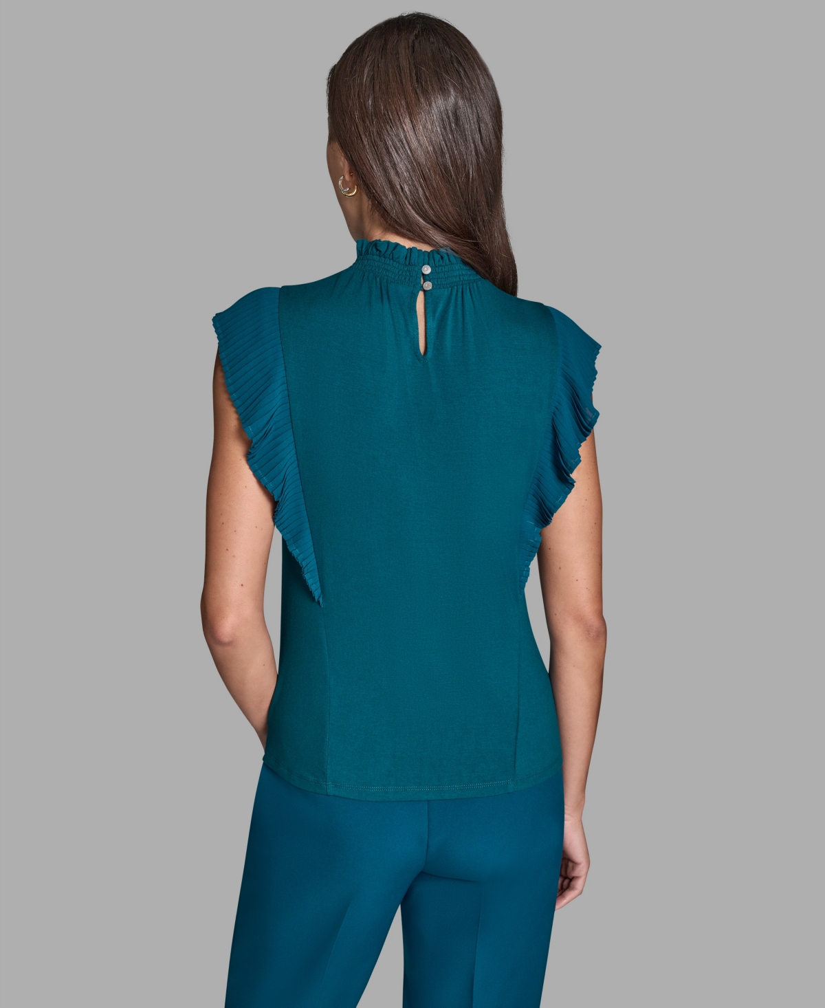 Bcbg Women's Pleated Mock Neck Flutter Sleeve Top In Blue