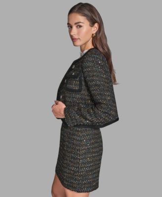 Women's Button-Front Collarless Tweed Jacket