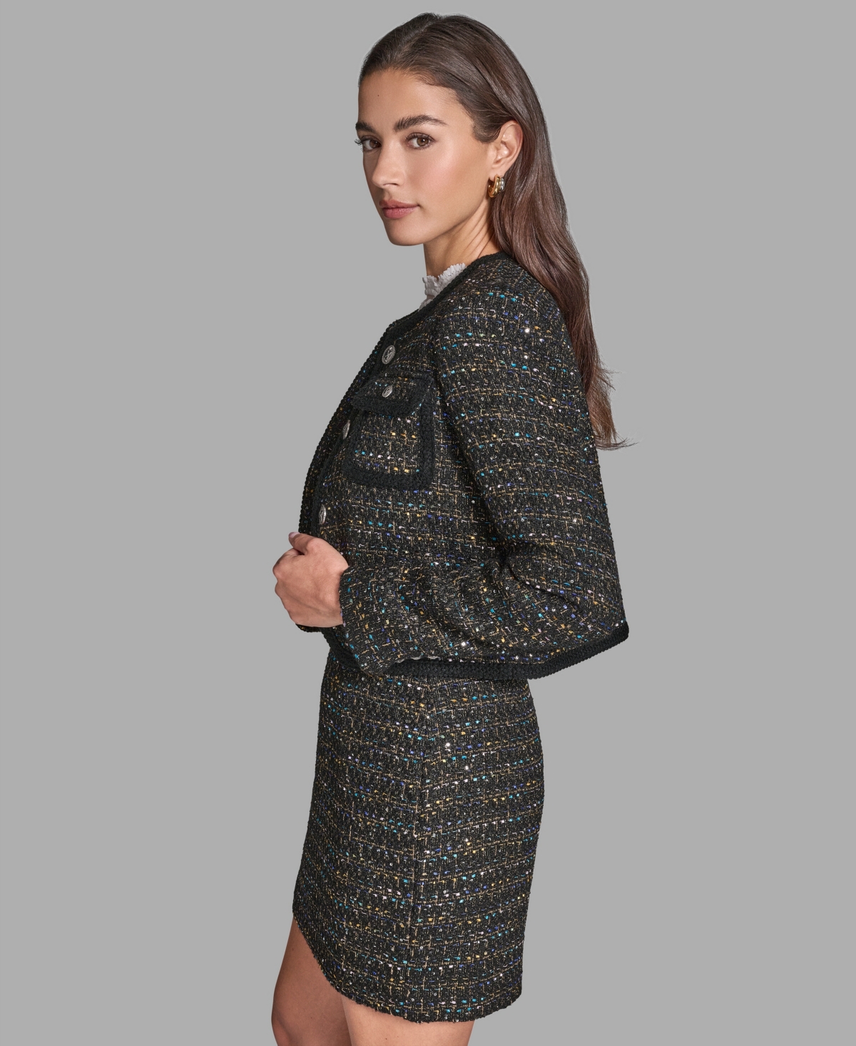 Bcbg Women's Button-Front Collarless Tweed Jacket