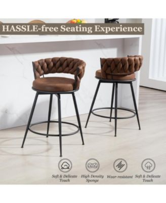 Swivel Bar Stools Set of 2, 24 Inches Modern Counter Height Bar Stools with Woven Back, Upholstered Suede Tall Barstools