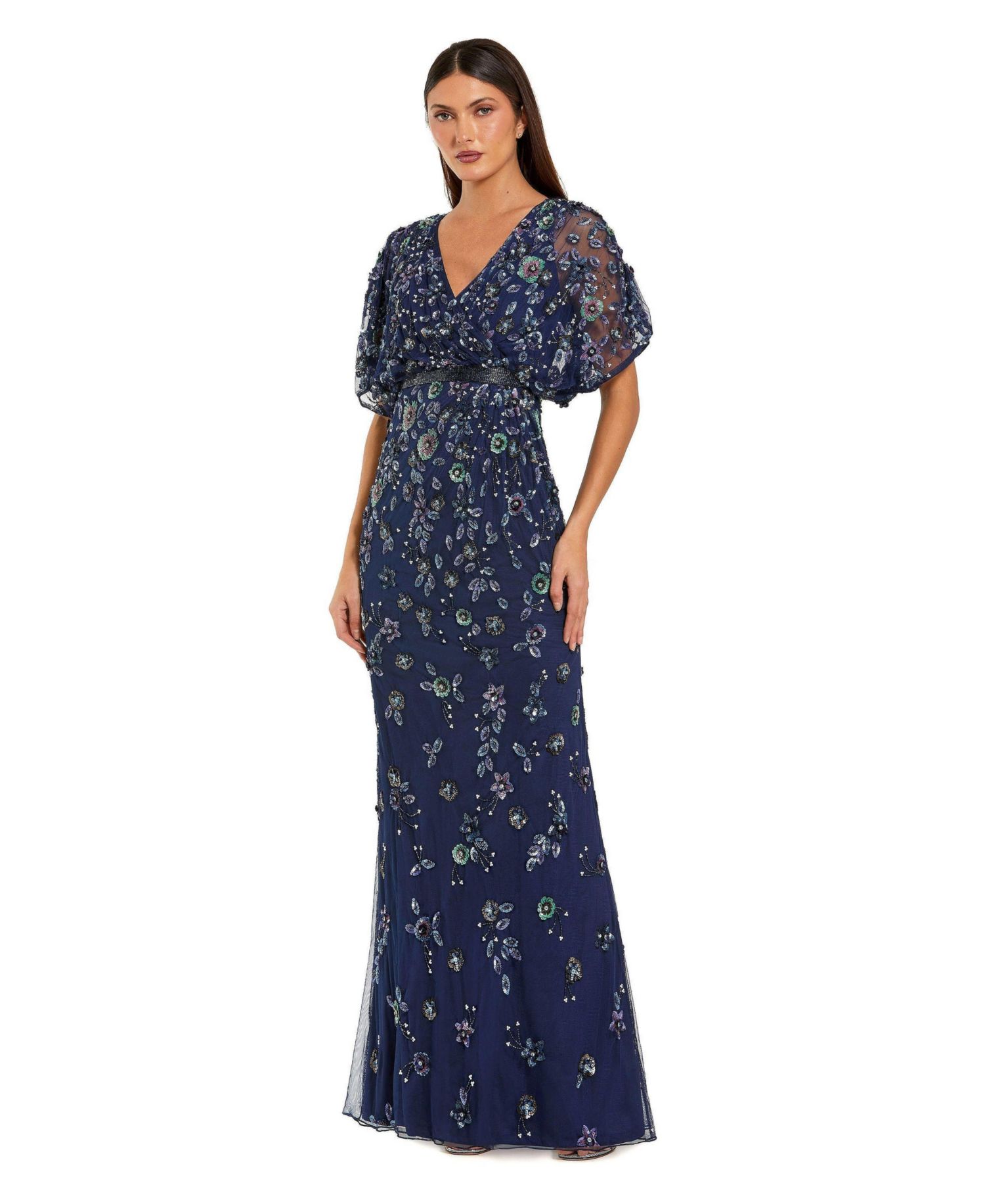Women's Floral Embellished Short Sleeve Blouson Gown
