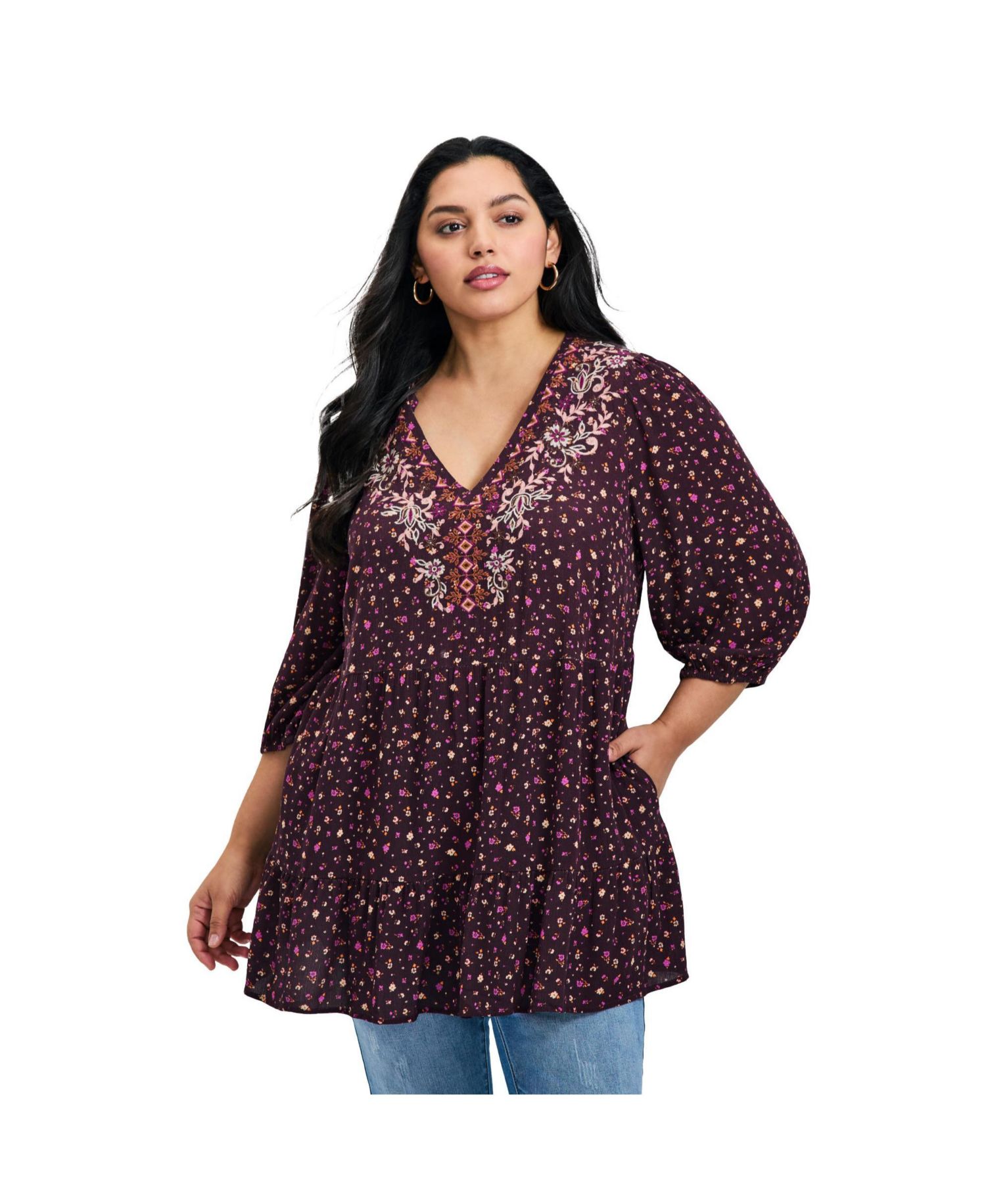 Women's Plus Size Ditsy Embroidered Tunic