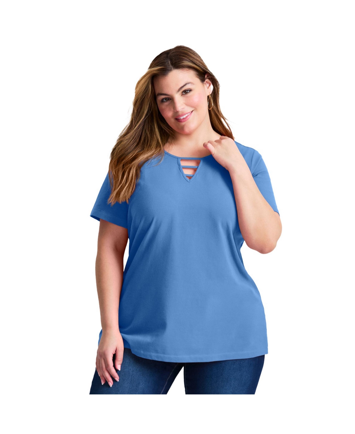 Avenue Women's Triple Keyhole Short Sleeve Tee - Horizon blue