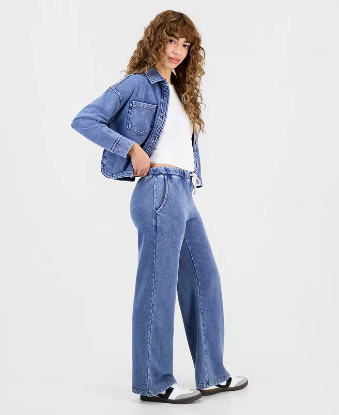 Petite Faux-Denim French Terry Wide-Leg Pants - thumbnail 3