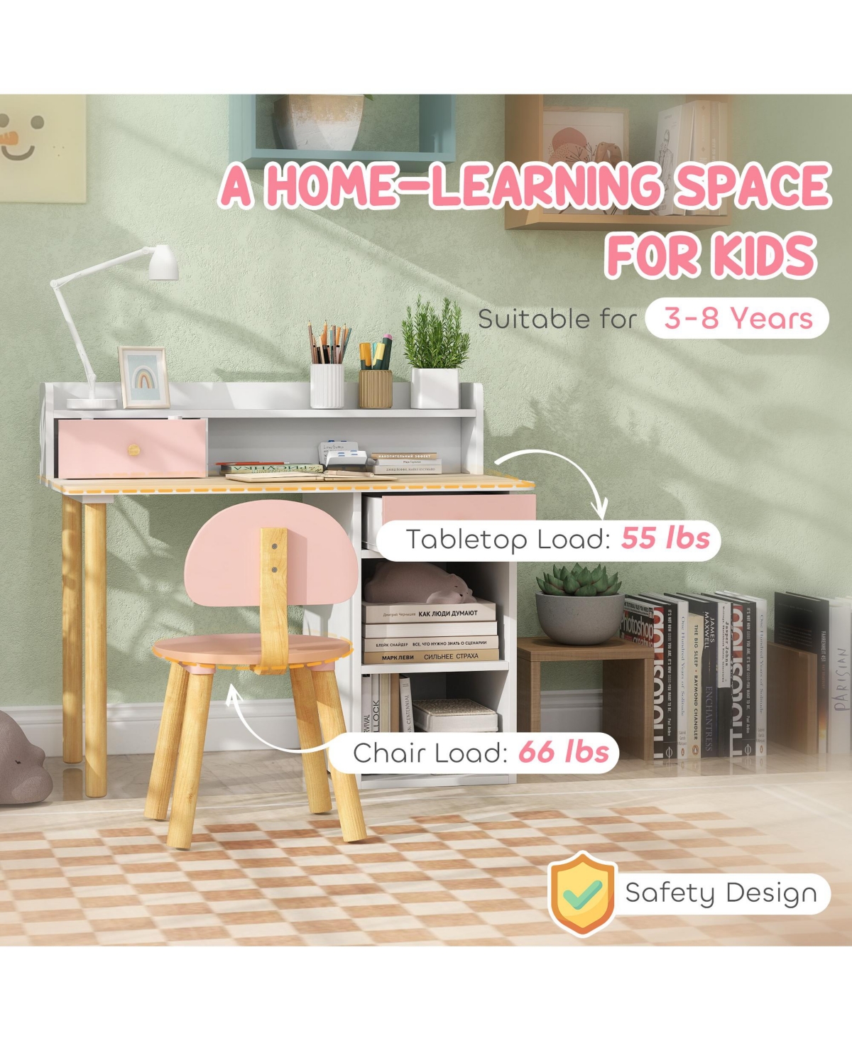 Qaba Kids Desk and Chair Set w/ Storage, for Girls Boys 3-8 Years,