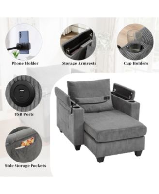 Convertible Chaise Lounge 37.4 Inches Sofa Chair Sofa Bed Corduroy Sleeper with USB Ports , Two Cup Holders, Phone Holder and Ample Storage Space