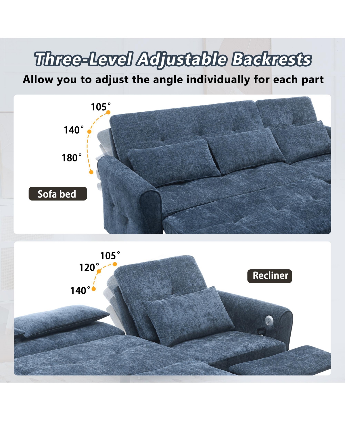 2-in-1 Sofa 82 Inches Three-seater with a Bed and Reversible Recliner for Living Room