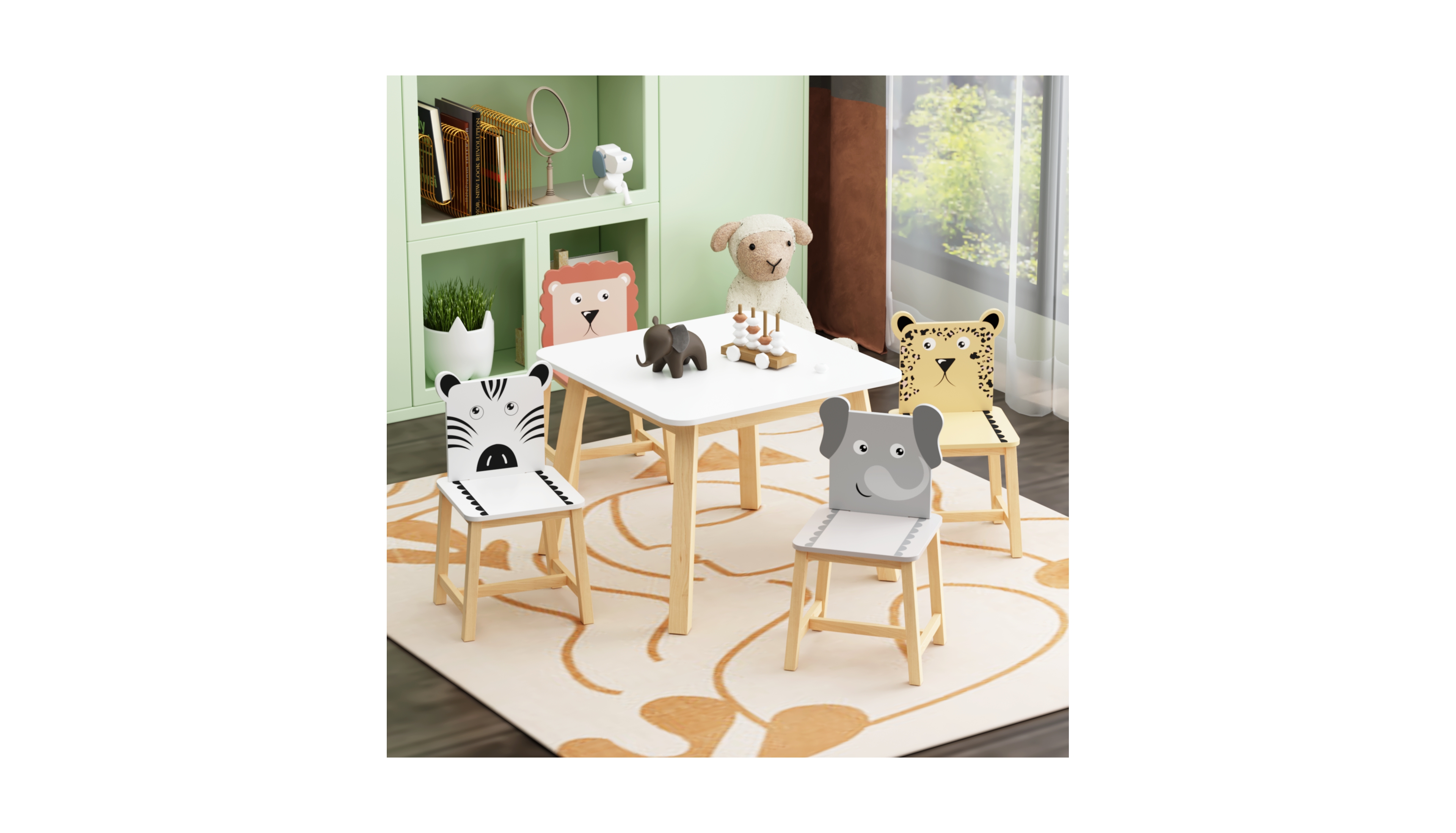 23.6"5 Piece Kiddy Table and Chair Set , Kids Wood Table with 4 Chairs Set Cartoon Animals (bigger table) (3-8 years old) White