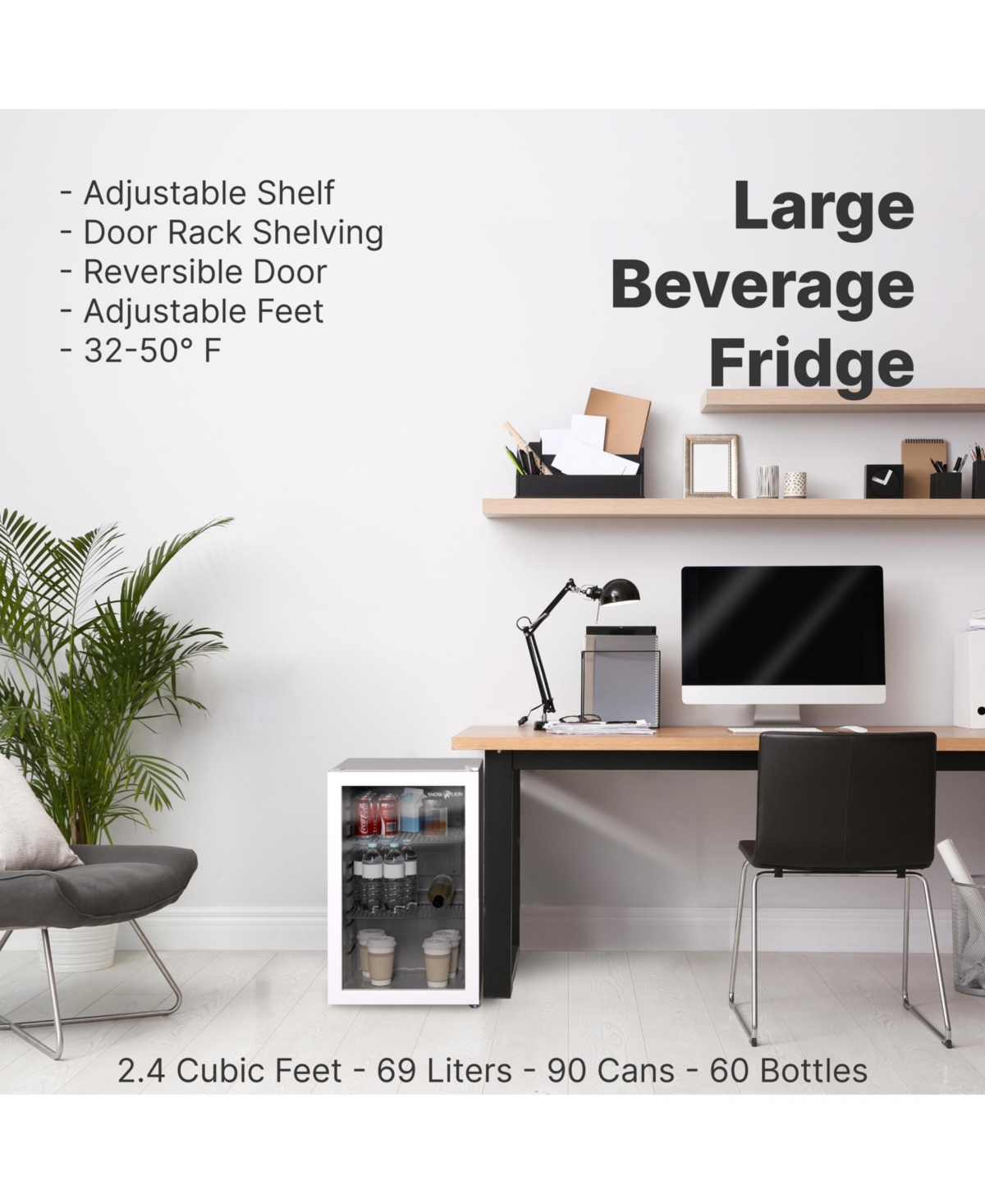 Premium 69 L Beverage Refrigerator 2.4 Cu. Ft. Freestanding Mini Fridge With Glass Door in White