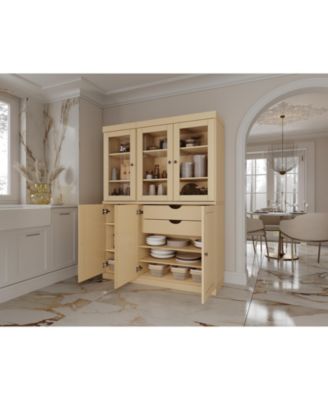 100% Solid Wood 48.5" Pantry China Cabinet with Raised Panel, Clear Glass Doors, 2-Drawers & Adjustable Shelves