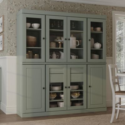 100% Solid Wood Tall Kitchen Pantry Cabinet with Glass and Raised Panel Doors, 2 Drawers