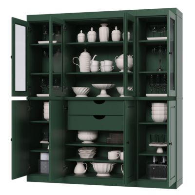 100% Solid Wood Pantry China Cabinet, Raised Panel & Clear Glass Doors, 2 Drawers, Adjustable Shelves, 65" Wide, 71.5" Tall