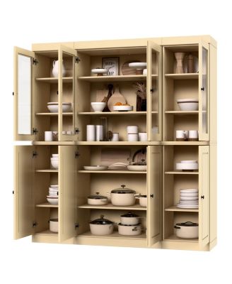 100% Solid Wood 65" Pantry China Cabinet with Raised Panel, Clear Glass Doors & Adjustable Shelves