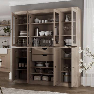 100% Solid Wood Tall Kitchen Pantry Cabinet with Glass and Raised Panel Doors, 2 Drawers