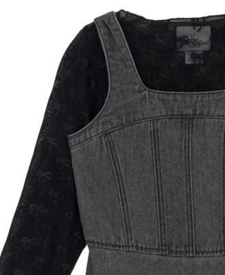 Girls' 7-16 Mesh Long-Sleeve Top and Denim Jumper, 2-Piece Set