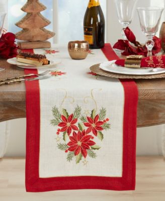 Linen Blend Embroidered Poinsettia Table Runner, 16" x 72"
