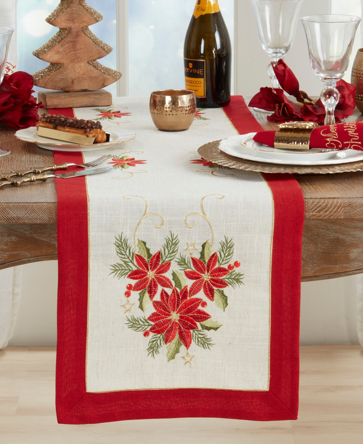 Saro Lifestyle Linen Blend Embroidered Poinsettia Table Runner, 16" x 72"