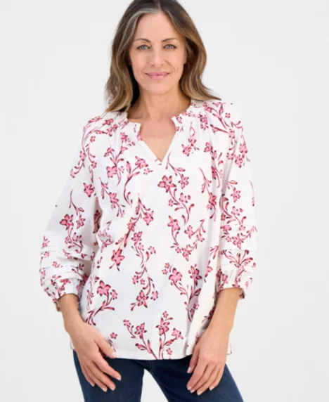 Petite Smock-Neck Floral-Print Blouse - Shiitake Combo