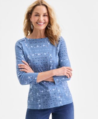 Women's Printed Pima Cotton 3/4 Sleeve Boat-Neck Top, Macy's Exclusive
