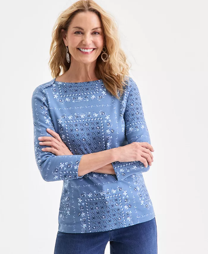 Women's Printed Pima Cotton 3/4 Sleeve Boat-Neck Top