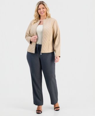 Plus Size Faux-Leather Quilt-Front Zip-Front Jacket 