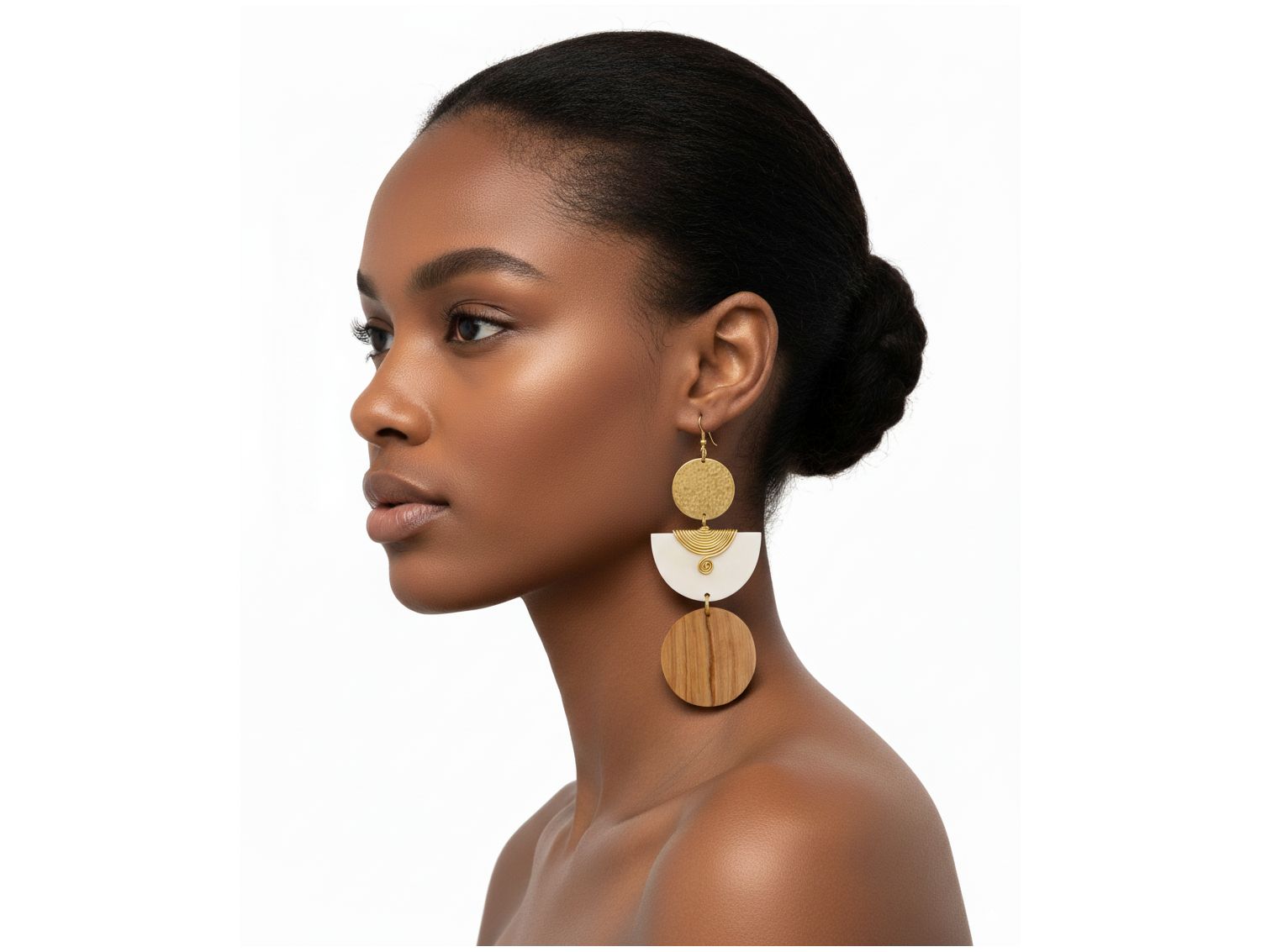 Kazuri Geometric Wood & Brass Drop Earrings – Handmade Boho Statement Jewelry