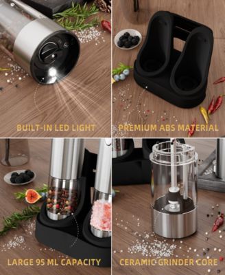 95-ml Rechargeable Electric Salt and Pepper Grinder Set – Stainless Steel Mills with LED Light and Adjustable Coarseness Charging Base