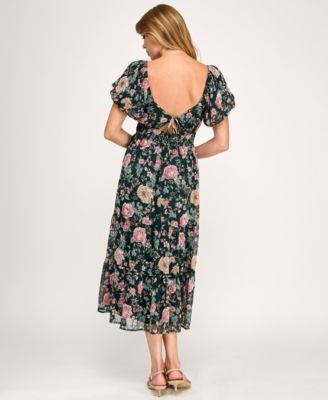 Juniors' Puff Sleeve Twist Front Midi Dress