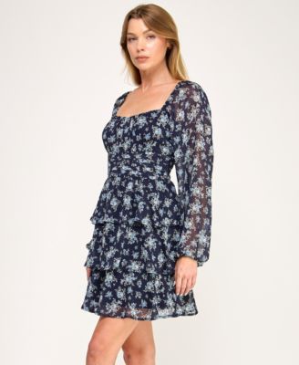 Juniors' Long-Sleeve Pleated Waist Dress