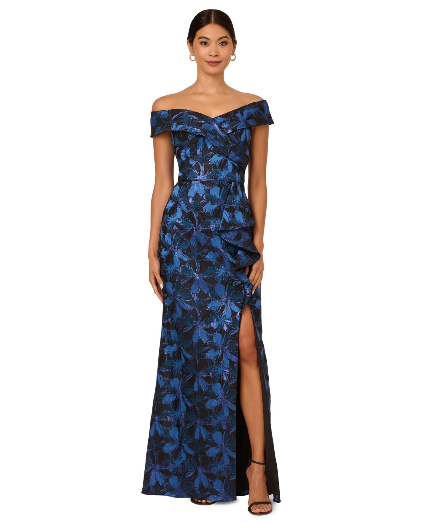 Женские платья Adrianna Papell Petite Off-The-Shoulder Ball Gown, цвет: Синий разноцветный — фото 1