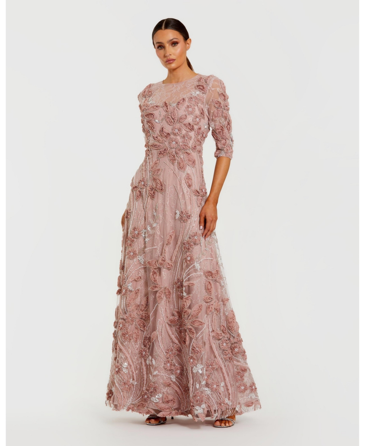 Mac Duggal Women's 3/4 Sleeves High Neck Embellished Lace Gown