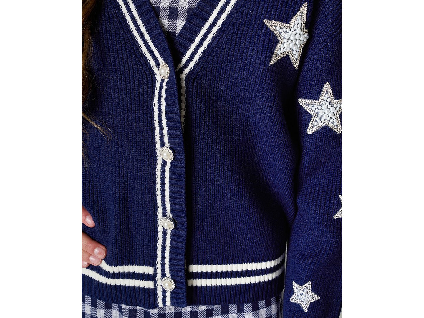 Кардиганы Rare Editions Varsity Cardigan with Gingham Dress, 2-Piece Set для девочек, цвет: Тёмно-синий — фото 2