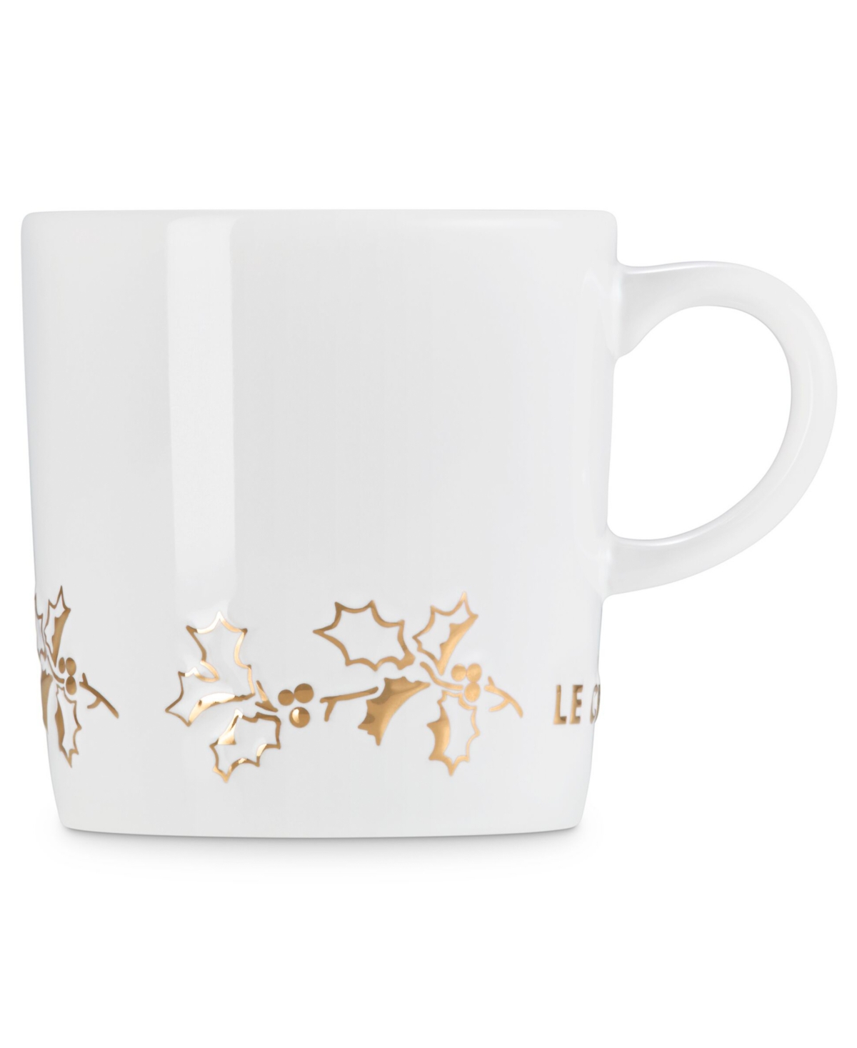 Le Creuset Stoneware Holly Collection 12 Oz. Gold Applique London Mug In White