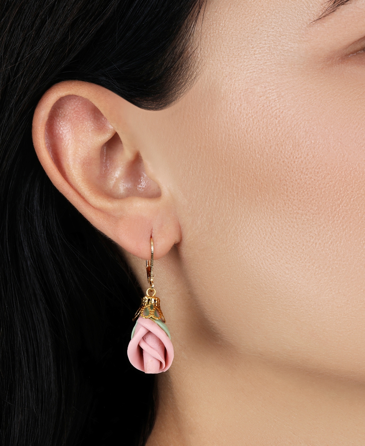 2028 Pink Porcelain Rose Bud Earrings In Pink