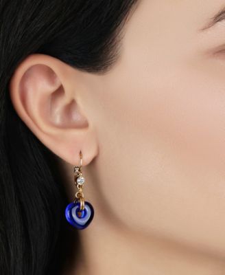 Gold Tone Blue Glass Heart Drop Earrings