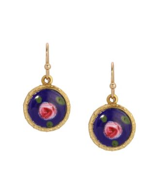 Round Blue Pink Flower Enamel Earrings