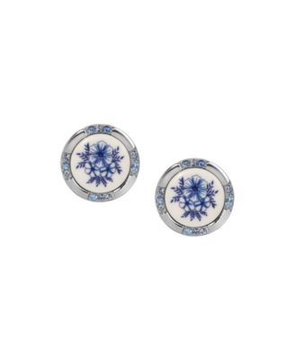 Round Blue Floral Crystal Stud Earrings