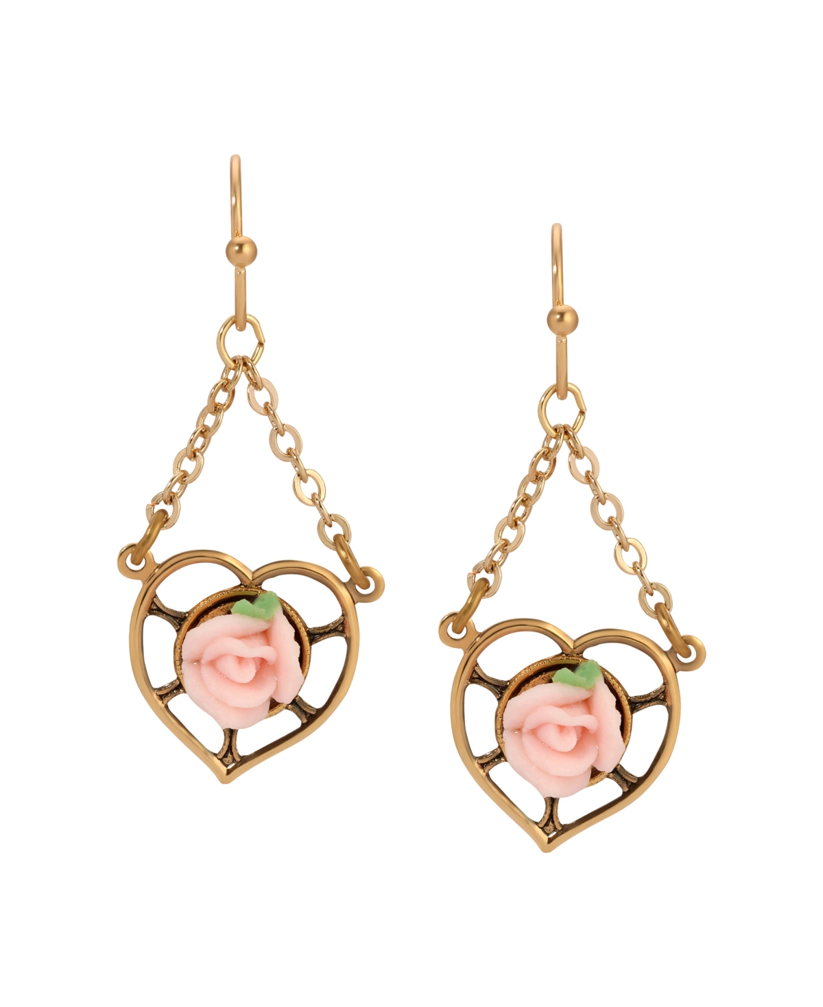 2028 Gold Tone Heart Porcelain Rose Earrings In Pink