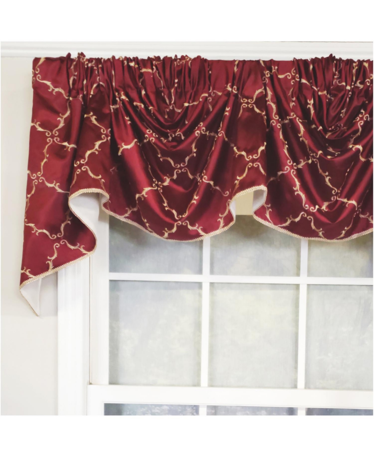 Rlf Home 3" Rod Pocket High Quality Fabric Summit Diamond 2-Scoop Empire Valance With Trim for Windows 40" x 25" Wine
