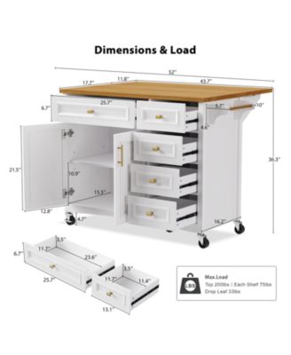 CASAINC 52" Wood Rolling Drop Leaf with Spice Rack, Towel Rack, Doors, Drawers & Adjustable Shelf Kitchen Island