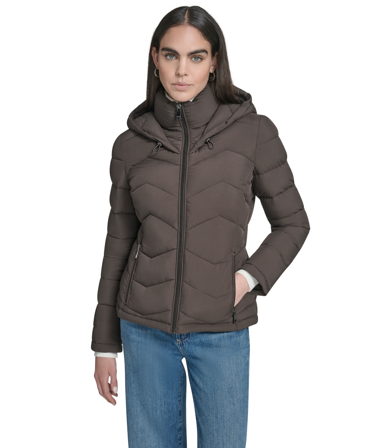 Calvin Klein Women's Short Zip-up Hooded Puffer Jacket In Brown