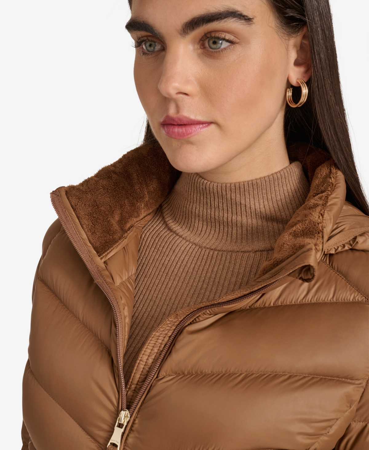 Calvin Klein Women's Short Faux Fur Collar Puffer Jacket In Brown