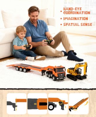 1:24 RC Semi Truck and Excavator Set, 9-Channel Remote Control Construction Vehicles, Detachable Trailer, Dual 2.4GHz Controllers, Gift for Kids 8+