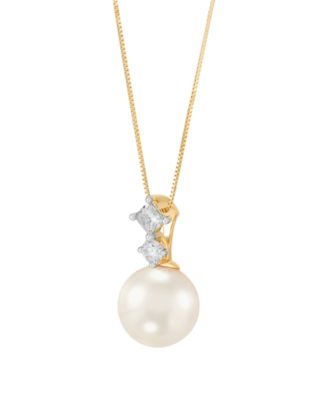 White Ming Cultivated Pearl (11-12mm) and Lab Grown Diamond Pendant Necklace (1/2 ct. t.w.) in 10k Yellow Gold