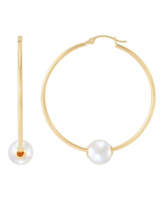 Macy's - Polished Freshwater Cultured Pearl Hoop Earrings (8-9mm) in 10K Yellow Gold